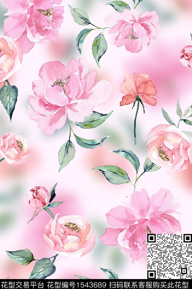 花卉大花模糊数码印花华亿平台下载（图片编号: 1543689） - 瓦栏（Walan）