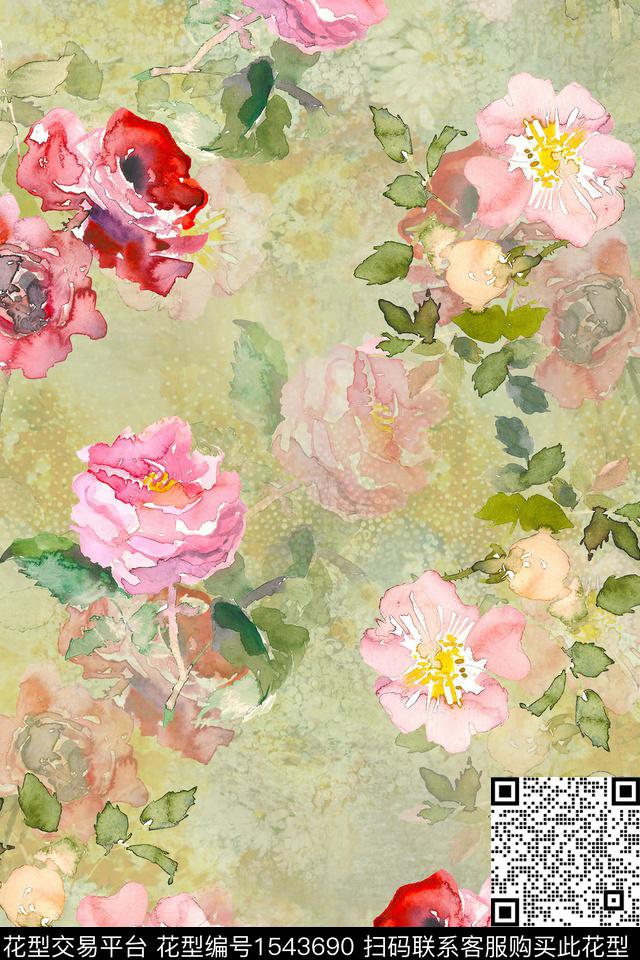 花卉水彩香云纱数码印花华亿平台下载（图片编号: 1543690） - 瓦栏（Walan）
