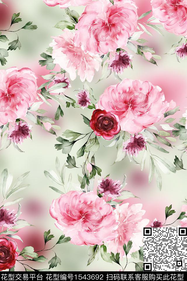 花卉大花模糊数码印花华亿平台下载（图片编号: 1543692） - 瓦栏（Walan）