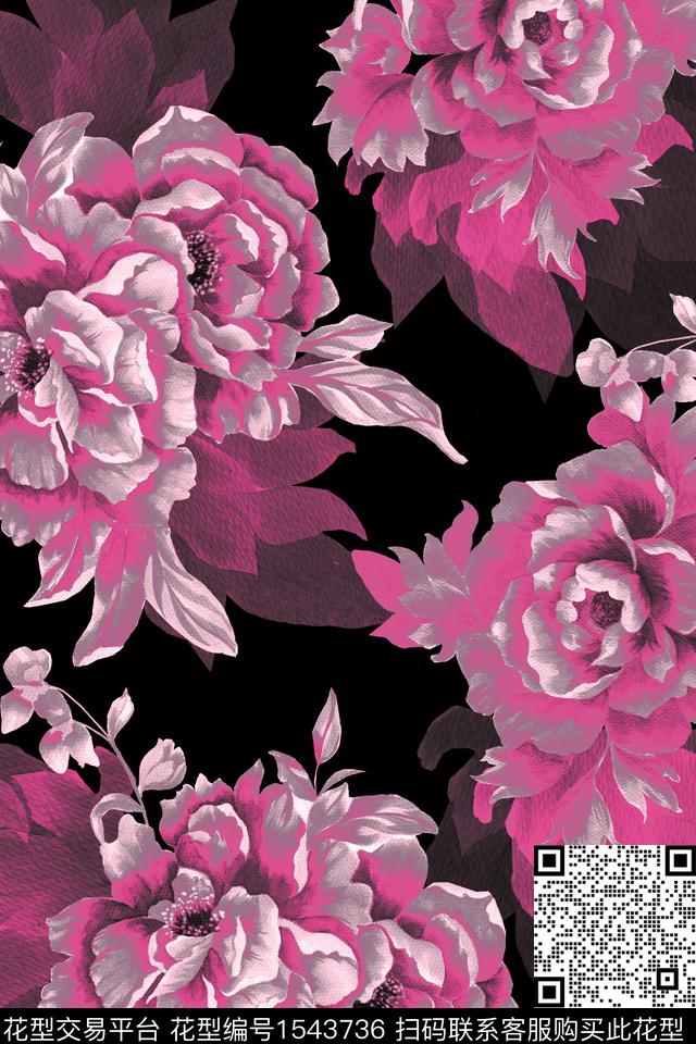 大花平面花卉黑底花卉数码印花华亿平台下载（图片编号: 1543736） - 瓦栏（Walan）