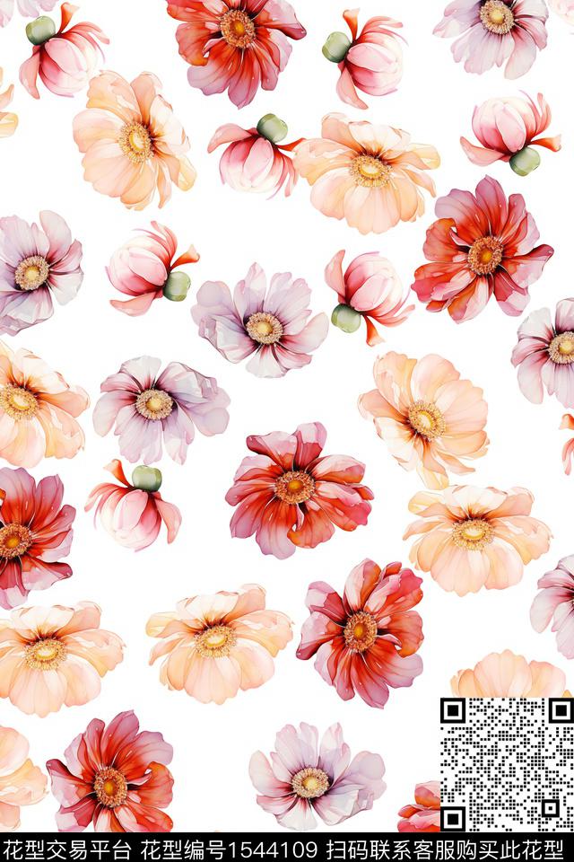 花卉水彩清爽数码印花华亿平台下载（图片编号: 1544109） - 瓦栏（Walan）