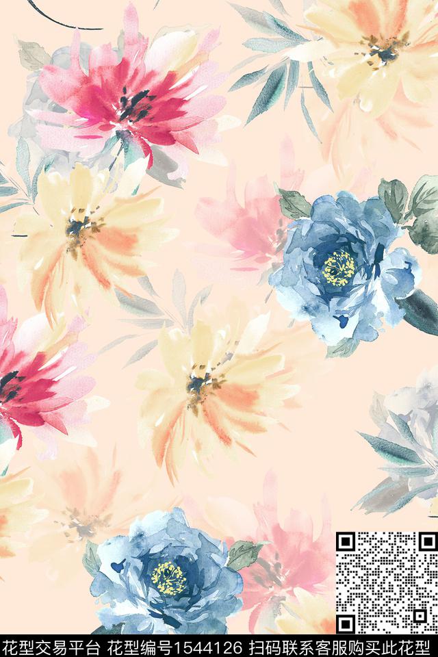 水彩花卉大花数码印花华亿平台下载（图片编号: 1544126） - 瓦栏（Walan）