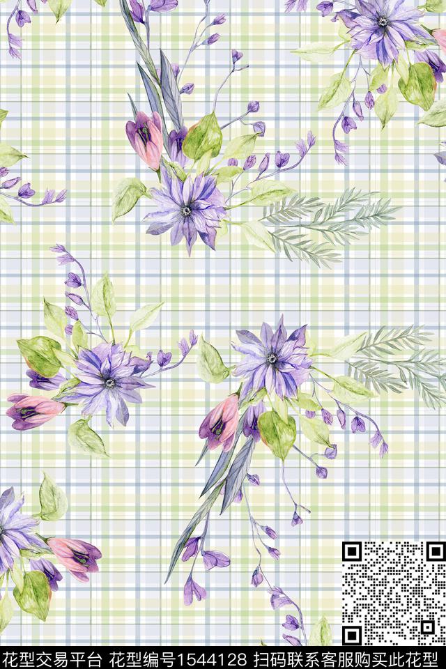 格子水彩花卉数码印花华亿平台下载（图片编号: 1544128） - 瓦栏（Walan）