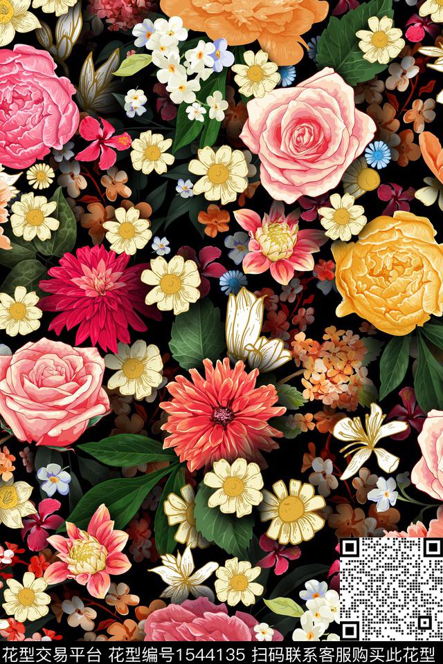 满版散花黑底花卉花卉数码印花华亿平台下载（图片编号: 1544135） - 瓦栏（Walan）