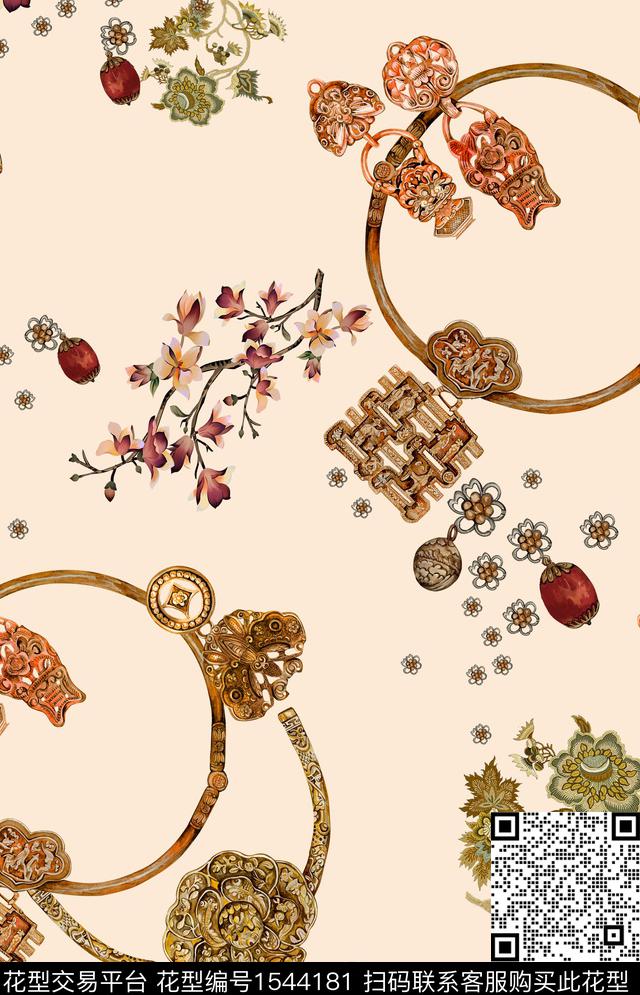 中国风同命锁民族花卉数码印花华亿平台下载（图片编号: 1544181） - 瓦栏（Walan）