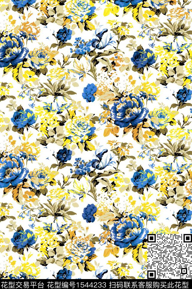 传统华亿平台满版散花花卉数码印花华亿平台下载（图片编号: 1544233） - 瓦栏（Walan）