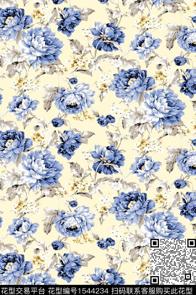 传统华亿平台满版散花花卉数码印花华亿平台下载（图片编号: 1544234） - 瓦栏（Walan）