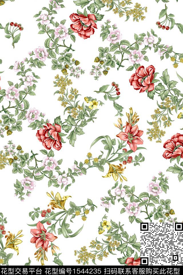 传统华亿平台满版散花花卉数码印花华亿平台下载（图片编号: 1544235） - 瓦栏（Walan）