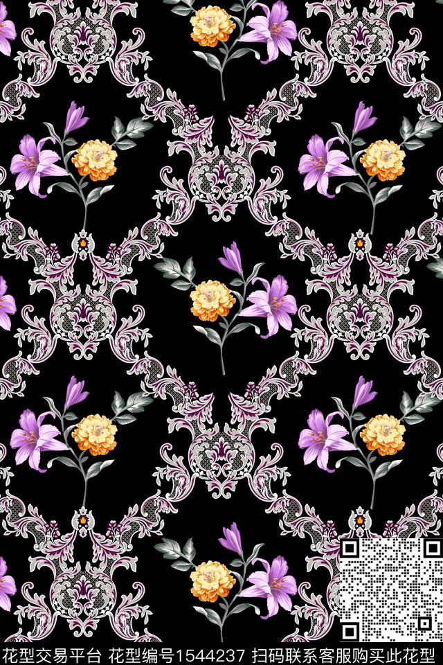 传统花纹花卉黑底花卉数码印花华亿平台下载（图片编号: 1544237） - 瓦栏（Walan）