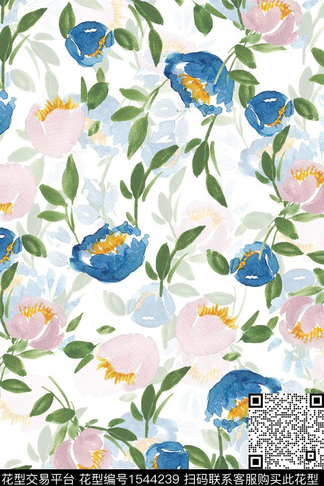 水彩满版散花花卉数码印花华亿平台下载（图片编号: 1544239） - 瓦栏（Walan）