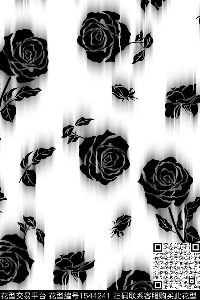黑白花卉虚影数码印花华亿平台下载（图片编号: 1544241） - 瓦栏（Walan）
