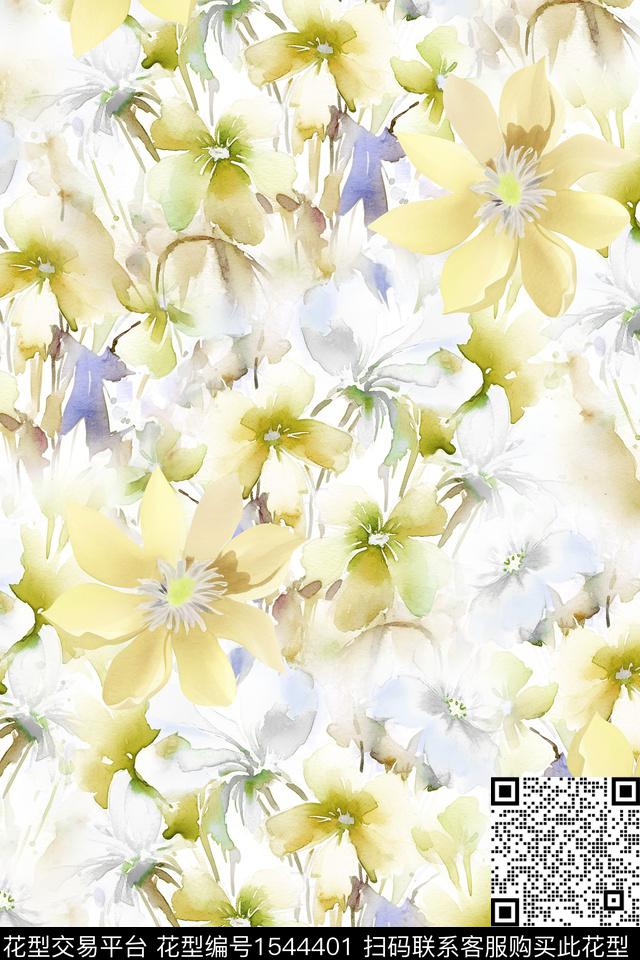 满版散花水彩花卉数码印花华亿平台下载（图片编号: 1544401） - 瓦栏（Walan）