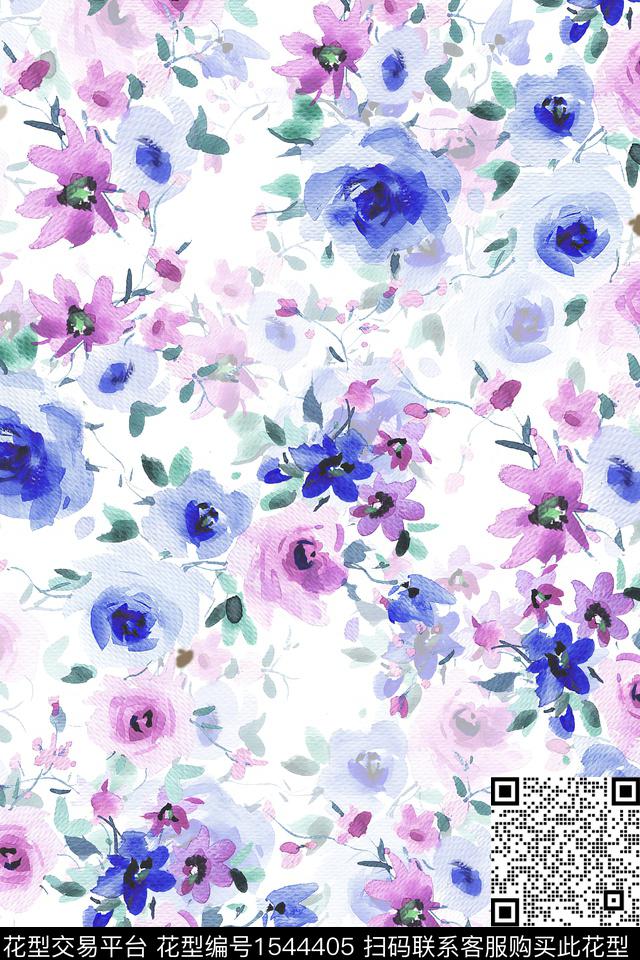 水彩满版散花花卉数码印花华亿平台下载（图片编号: 1544405） - 瓦栏（Walan）