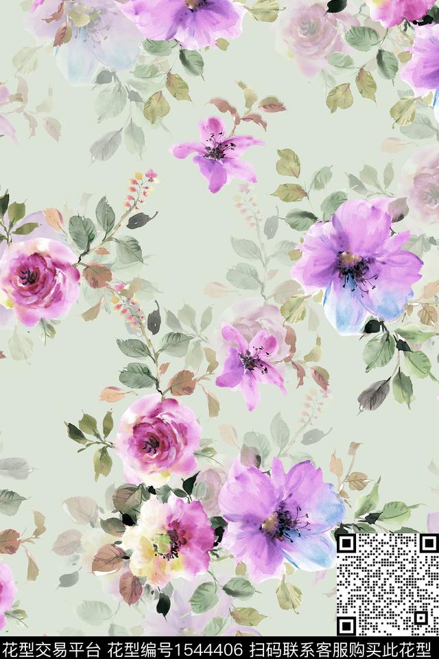水彩满版散花花卉数码印花华亿平台下载（图片编号: 1544406） - 瓦栏（Walan）