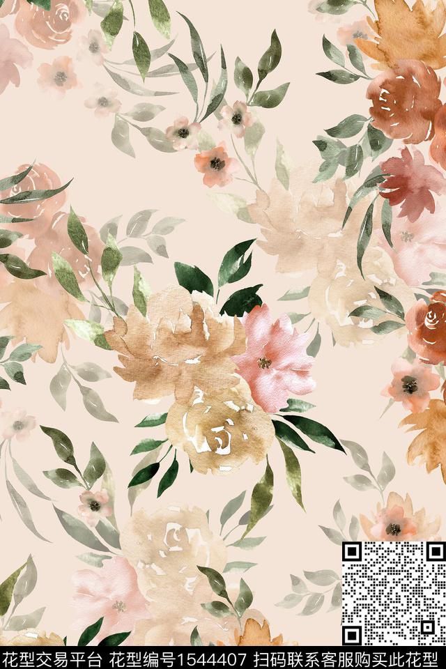水彩满版散花花卉数码印花华亿平台下载（图片编号: 1544407） - 瓦栏（Walan）