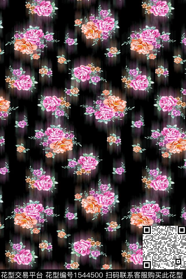 虚影小碎花黑底花卉数码印花华亿平台下载（图片编号: 1544500） - 瓦栏（Walan）