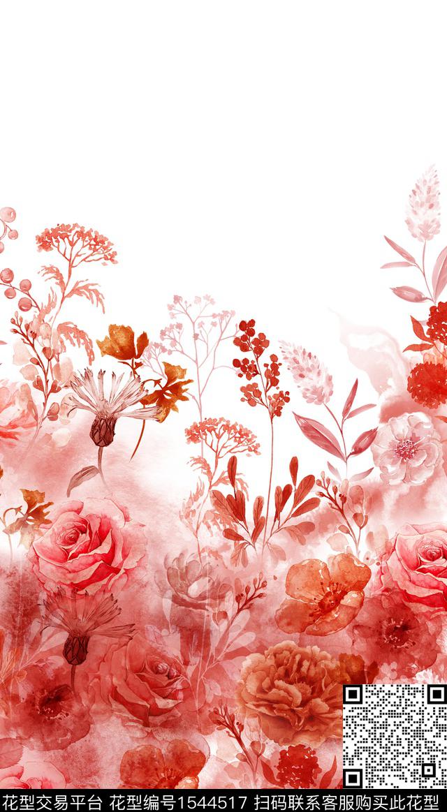 大花定位花手绘大花数码印花华亿平台下载（图片编号: 1544517） - 瓦栏（Walan）