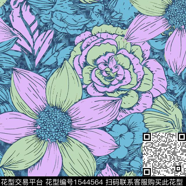 花卉大花雕版数码印花华亿平台下载（图片编号: 1544564） - 瓦栏（Walan）