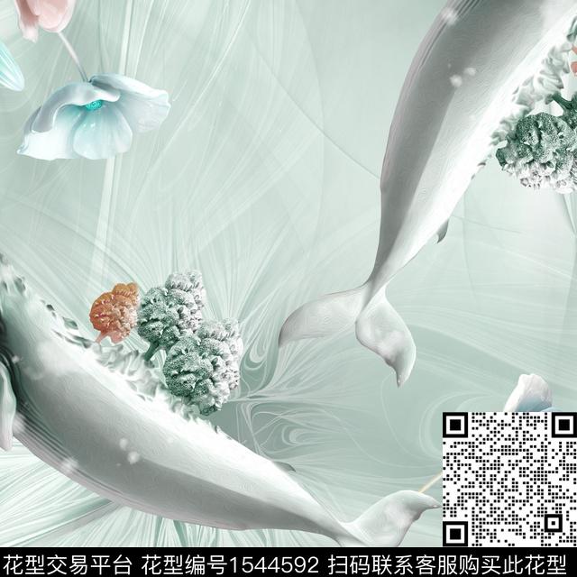 鲸鱼花卉树木数码印花华亿平台下载（图片编号: 1544592） - 瓦栏（Walan）