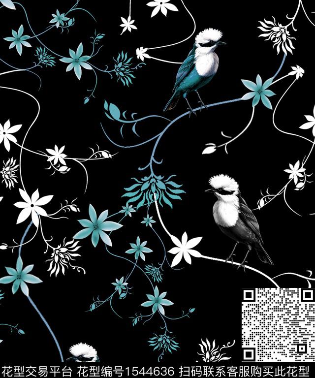 鸟黑底花卉花卉数码印花华亿平台下载（图片编号: 1544636） - 瓦栏（Walan）