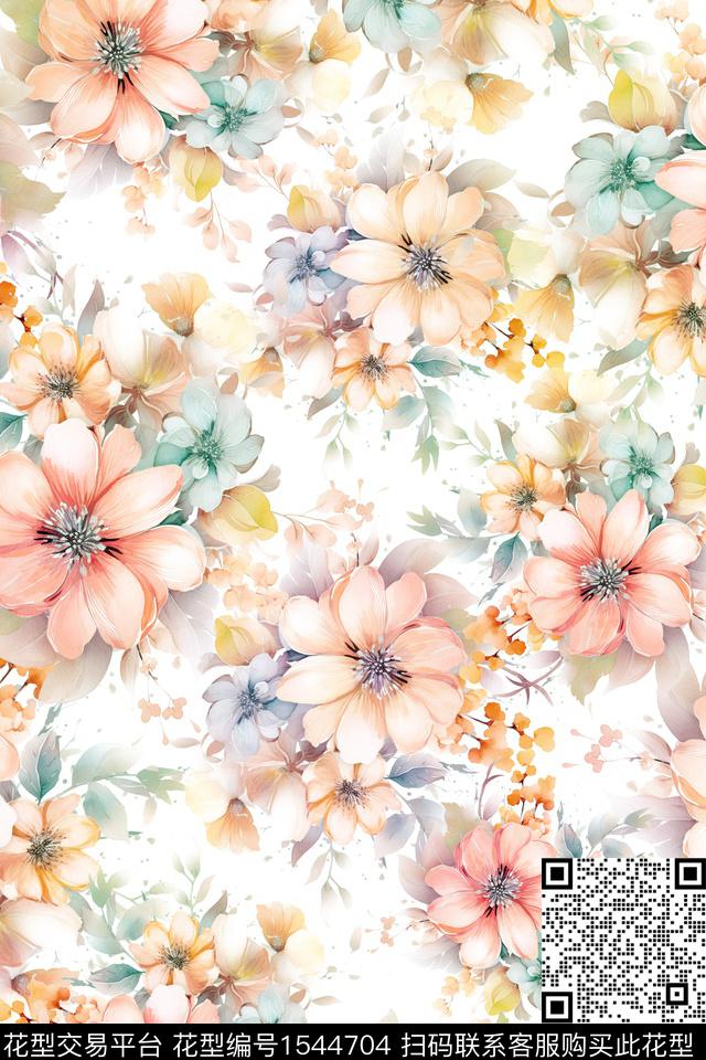 水彩花卉春夏华亿平台数码印花华亿平台下载（图片编号: 1544704） - 瓦栏（Walan）