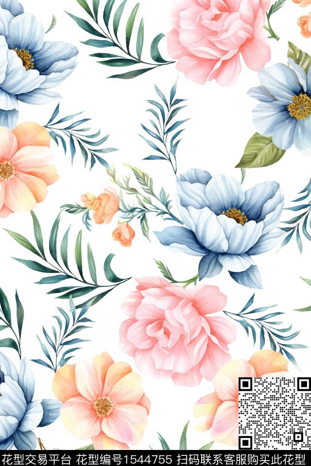 大花水彩花卉花卉数码印花华亿平台下载（图片编号: 1544755） - 瓦栏（Walan）
