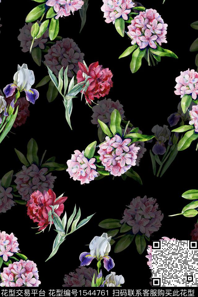 水彩花卉影花黑底花卉数码印花华亿平台下载（图片编号: 1544761） - 瓦栏（Walan）