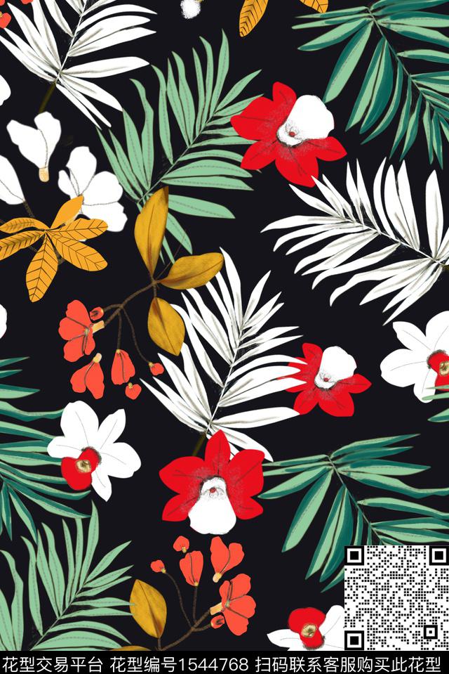 花卉黑底花卉传统印花华亿平台下载（图片编号: 1544768） - 瓦栏（Walan）