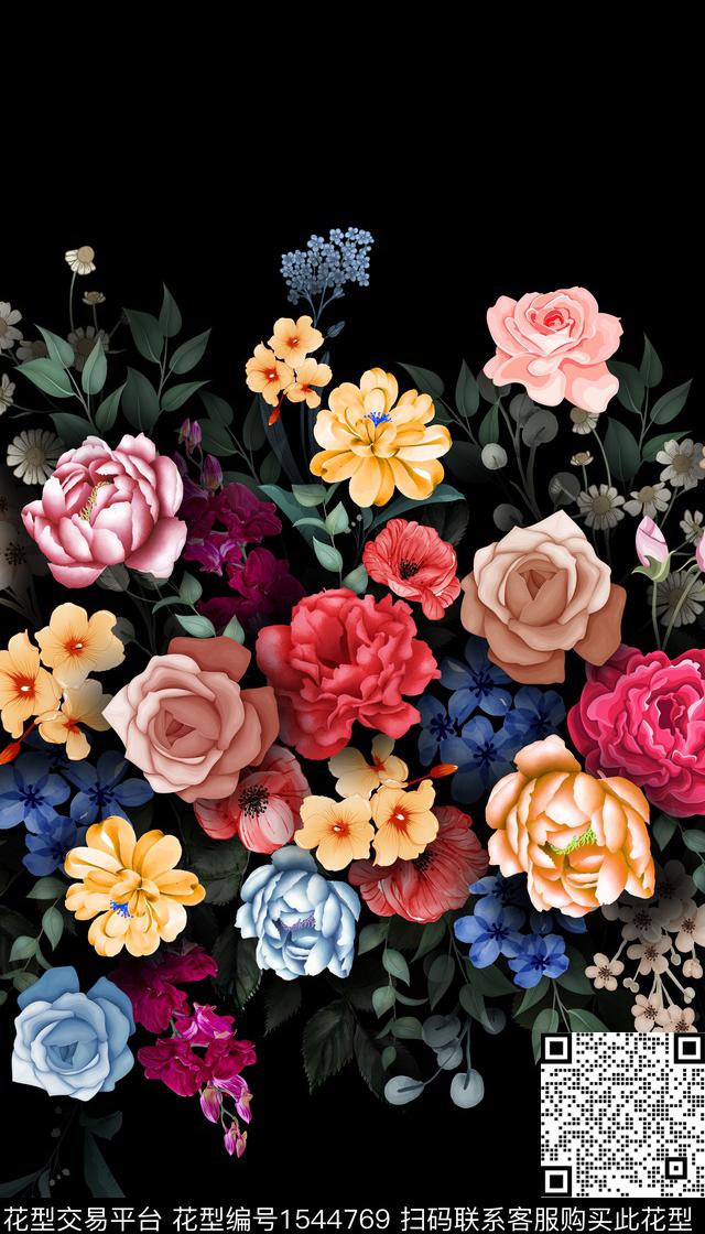 大花定位花黑底花卉数码印花华亿平台下载（图片编号: 1544769） - 瓦栏（Walan）