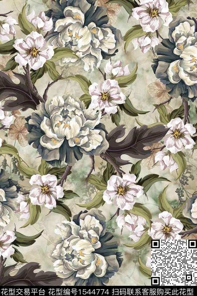 肌理香云纱花卉数码印花华亿平台下载（图片编号: 1544774） - 瓦栏（Walan）