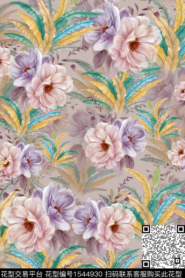 满版散花花卉叶子数码印花华亿平台下载（图片编号: 1544930） - 瓦栏（Walan）