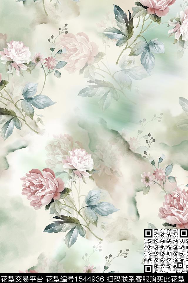 水彩底纹花卉数码印花华亿平台下载（图片编号: 1544936） - 瓦栏（Walan）