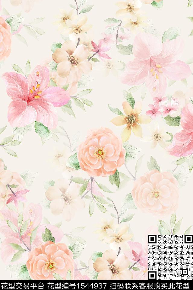 水彩大花花卉数码印花华亿平台下载（图片编号: 1544937） - 瓦栏（Walan）