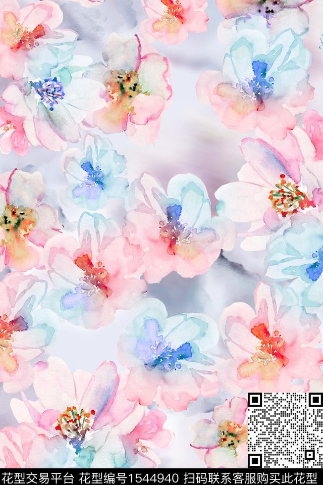 水彩底纹花卉数码印花华亿平台下载（图片编号: 1544940） - 瓦栏（Walan）