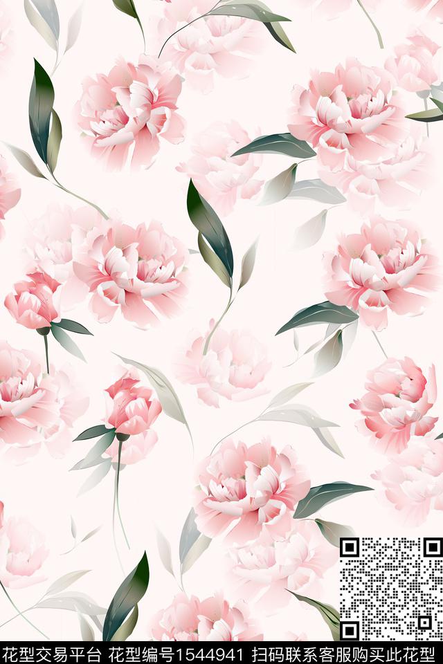 叶子满版散花花卉数码印花华亿平台下载（图片编号: 1544941） - 瓦栏（Walan）