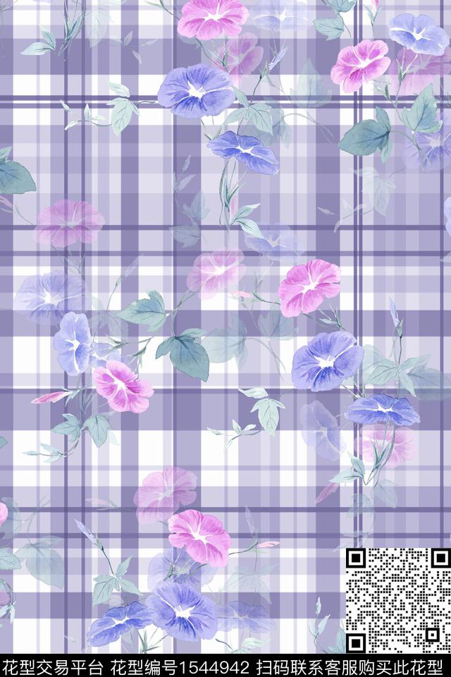 牵牛花格子花卉数码印花华亿平台下载（图片编号: 1544942） - 瓦栏（Walan）