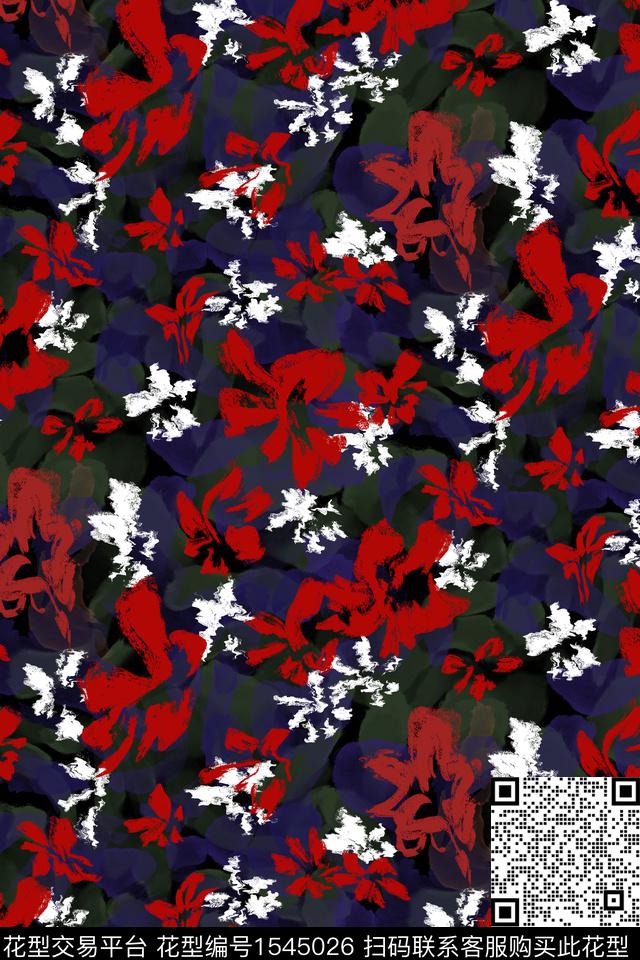 黑底花卉满版散花花卉数码印花华亿平台下载（图片编号: 1545026） - 瓦栏（Walan）
