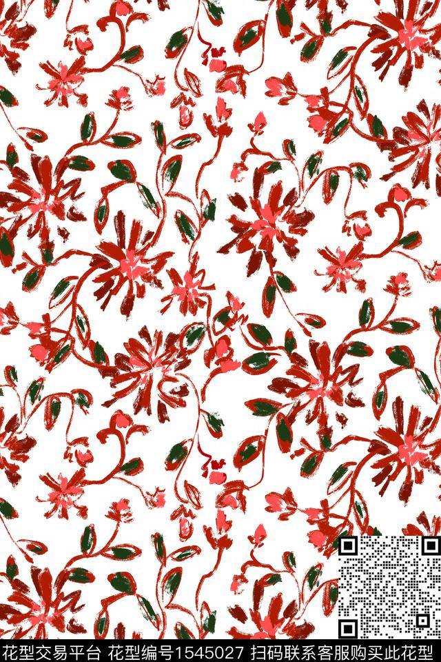 满版散花花卉笔触数码印花华亿平台下载（图片编号: 1545027） - 瓦栏（Walan）