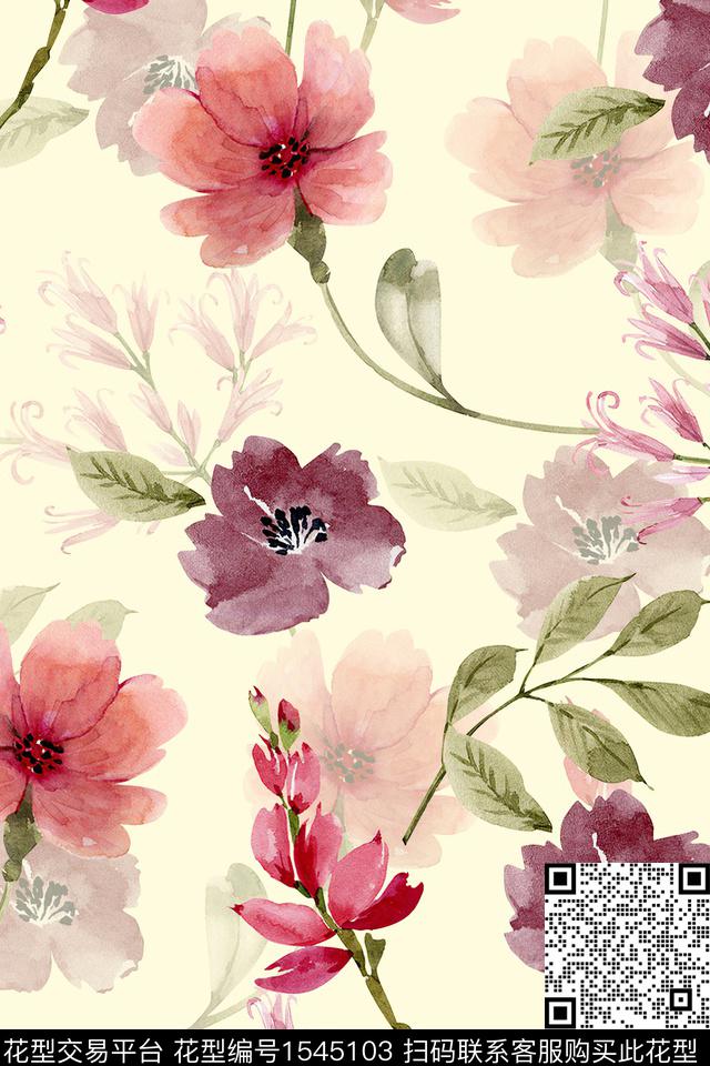 水彩大花花卉数码印花华亿平台下载（图片编号: 1545103） - 瓦栏（Walan）