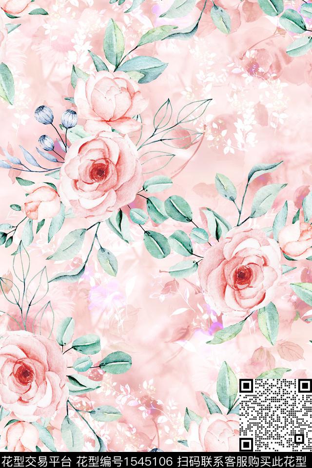 底纹水彩花卉数码印花华亿平台下载（图片编号: 1545106） - 瓦栏（Walan）