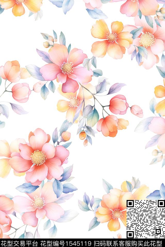 小清新水彩大花数码印花华亿平台下载（图片编号: 1545119） - 瓦栏（Walan）
