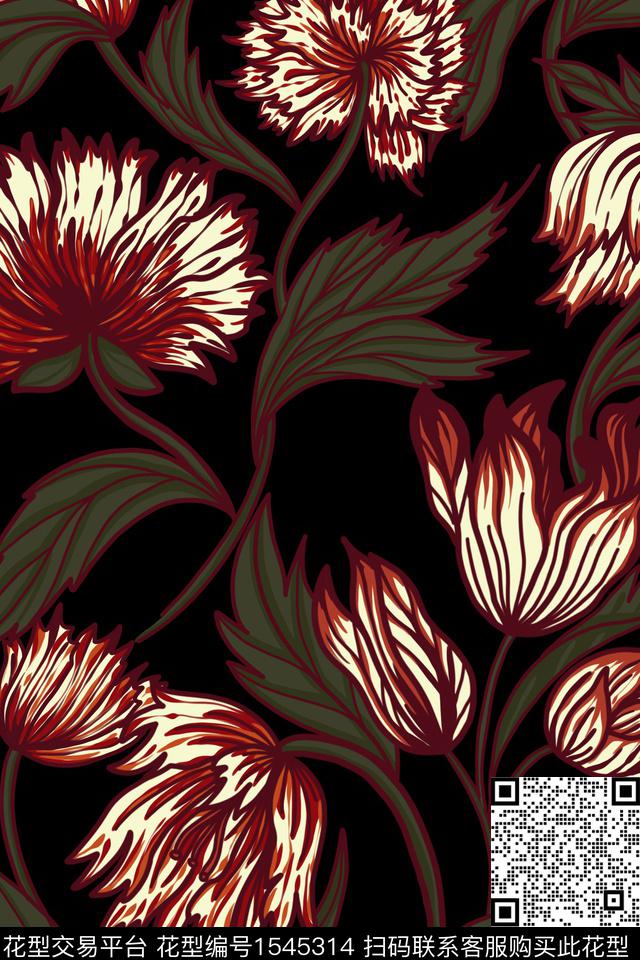 大花平面花卉黑底花卉数码印花华亿平台下载（图片编号: 1545314） - 瓦栏（Walan）