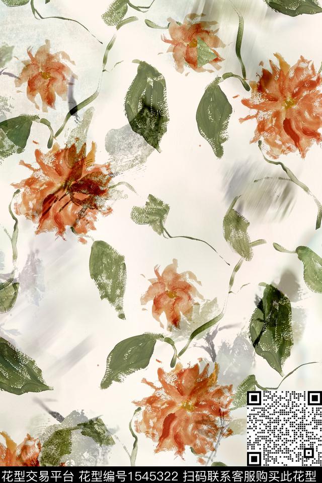 花卉笔触抽象花卉数码印花华亿平台下载（图片编号: 1545322） - 瓦栏（Walan）