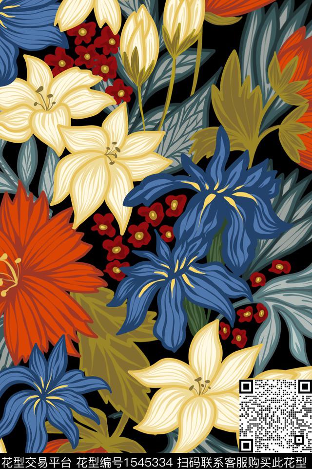 大花平面花卉黑底花卉数码印花华亿平台下载（图片编号: 1545334） - 瓦栏（Walan）