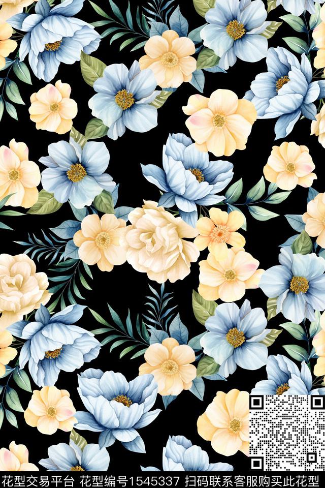 满版散花黑底花卉花卉数码印花华亿平台下载（图片编号: 1545337） - 瓦栏（Walan）