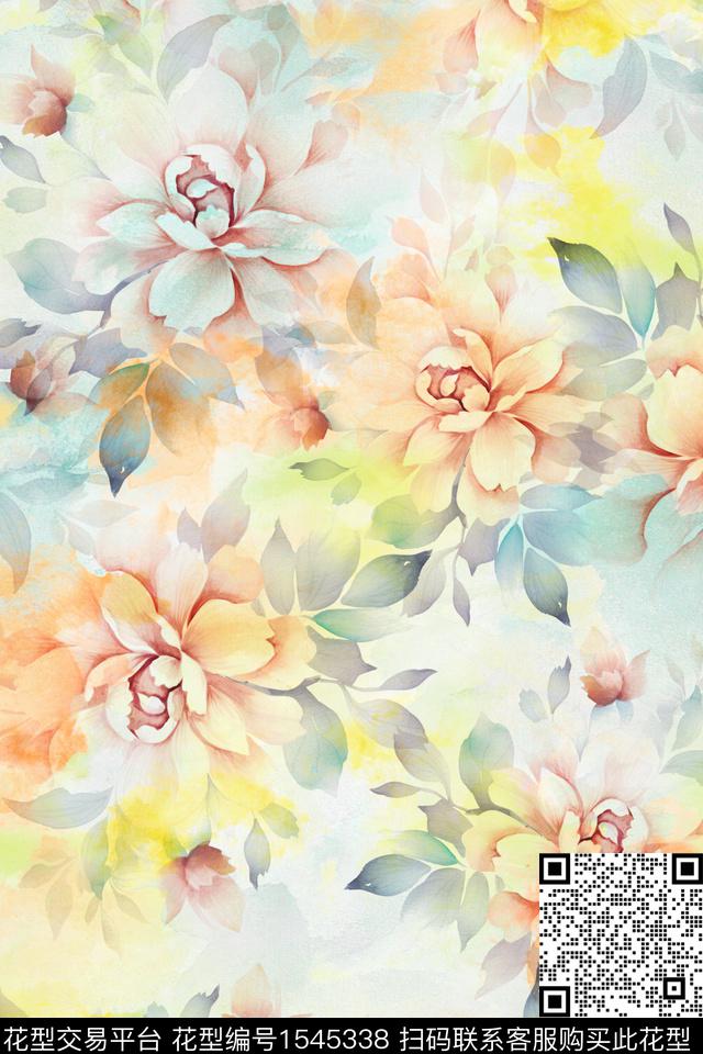 大花水彩花卉数码印花华亿平台下载（图片编号: 1545338） - 瓦栏（Walan）