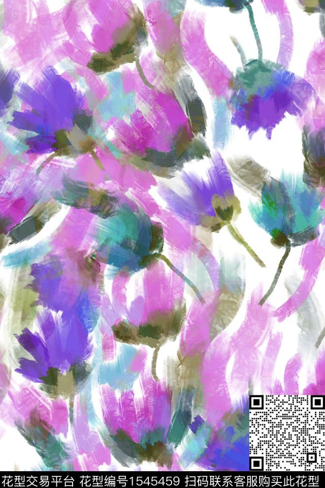 笔触花卉抽象数码印花华亿平台下载（图片编号: 1545459） - 瓦栏（Walan）