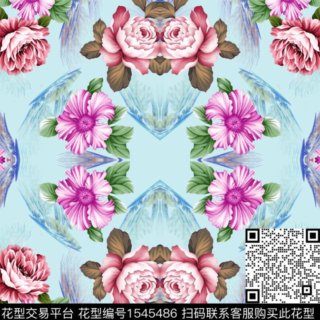 花卉对称数码印花数码印花华亿平台下载（图片编号: 1545486） - 瓦栏（Walan）