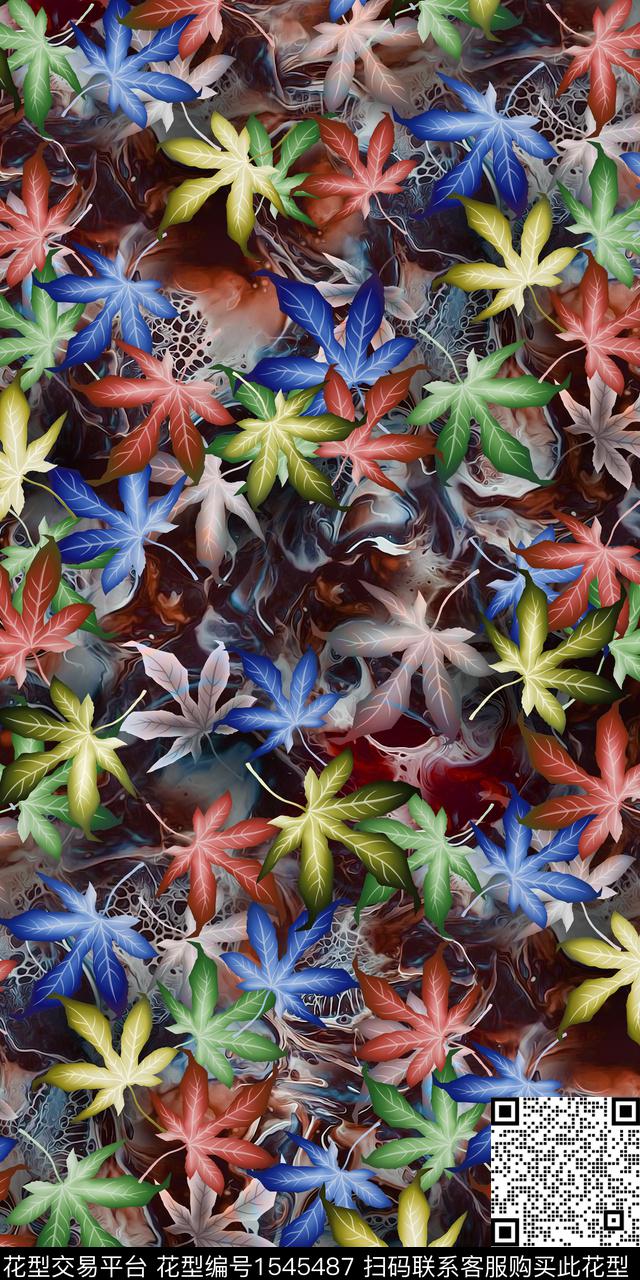 枫叶满版散花抽象底数码印花华亿平台下载（图片编号: 1545487） - 瓦栏（Walan）