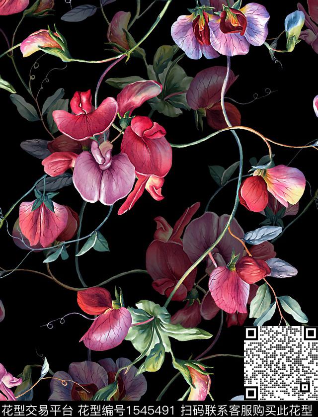 花卉水彩黑底花卉数码印花华亿平台下载（图片编号: 1545491） - 瓦栏（Walan）
